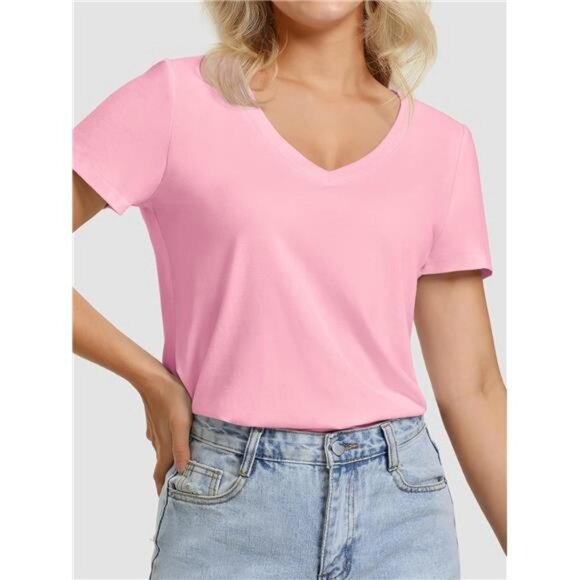 Womens V Neck Short Sleeve Summer T Shirts Curved Hem Plain Top Beach - Picture 3 of 7